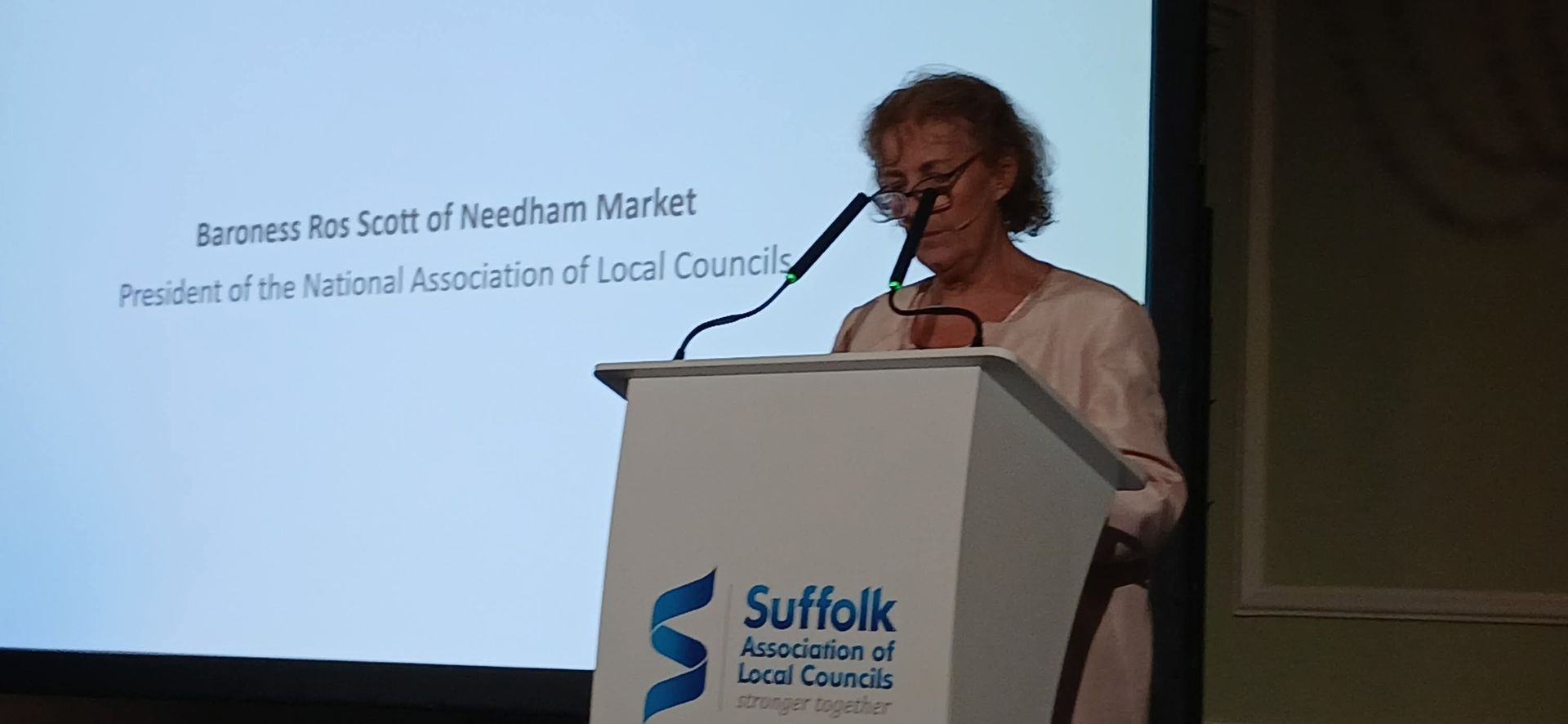 A woman speaks at a podium with a screen behind her displaying her name and title, representing the Suffolk Association of Local Councils.